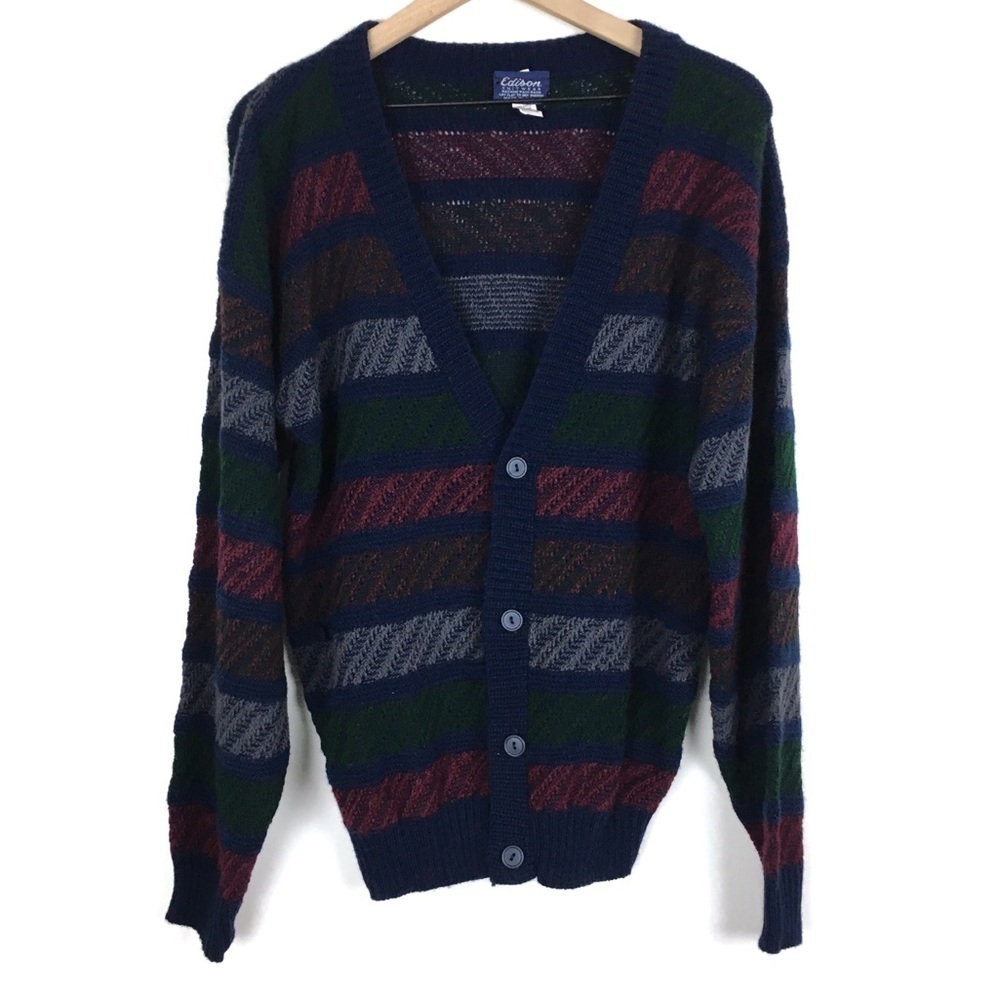 VINTAGE Cardigan Grandpa Oversized Sweater Stripe Unisex Dark Academia Medium
